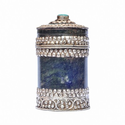 Tibetan Tea And Water Offering Vessel, Black Color, With Silver And Metal Design, Offering Tea, [silver Carving], Metal Stone Setting