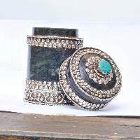 Tibetan Tea And Water Offering Vessel, Black Color, With Silver And Metal Design, Offering Tea, [silver Carving], Metal Stone Setting
