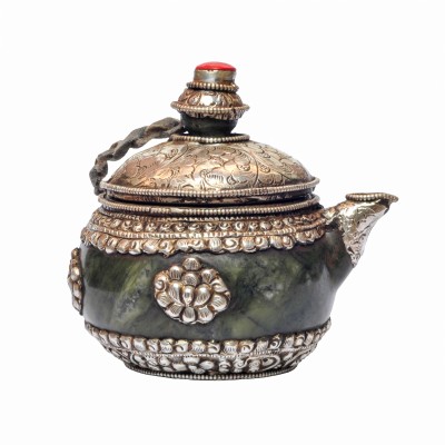Tibetan Tea And Water Offering Vessel, Green Color, With Silver And Metal Siku Design, Offering Tea, [silver Carving], Metal Stone Setting
, [remakable]