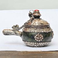 Tibetan Tea And Water Offering Vessel, Green Color, With Silver And Metal Siku Design, Offering Tea, [silver Carving], Metal Stone Setting
, [remakable]