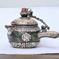 Tibetan Tea And Water Offering Vessel, Green Color, With Silver And Metal Siku Design, Offering Tea, [silver Carving], Metal Stone Setting
, [remakable]