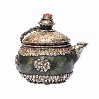 Tibetan Tea And Water Offering Vessel, Green Color, With Silver And Metal Siku Design, Offering Tea, [silver Carving], Metal Stone Setting
, [remakable]