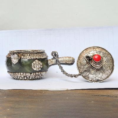 Tibetan Tea And Water Offering Vessel, Green Color, With Silver And Metal Siku Design, Offering Tea, [silver Carving], Metal Stone Setting
, [remakable]