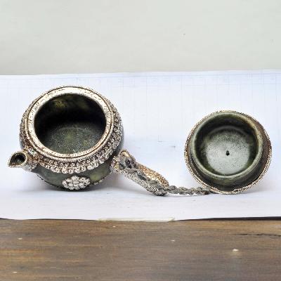 Tibetan Tea And Water Offering Vessel, Green Color, With Silver And Metal Siku Design, Offering Tea, [silver Carving], Metal Stone Setting
, [remakable]