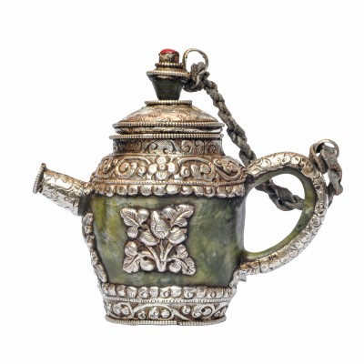 Tibetan Buddhist Jade And Metal Tea Pot [silver Carving], Metal Stone Setting
, [remakable]