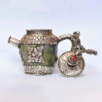 Tibetan Buddhist Jade And Metal Tea Pot [silver Carving], Metal Stone Setting
, [remakable]