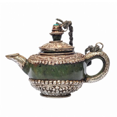 Tibetan Buddhist Jade And Metal Tea Pot.[silver Carving], Metal Stone Setting, [remakable]
