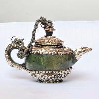 Tibetan Buddhist Jade And Metal Tea Pot.[silver Carving], Metal Stone Setting, [remakable]