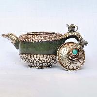 Tibetan Buddhist Jade And Metal Tea Pot.[silver Carving], Metal Stone Setting, [remakable]