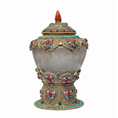 Nepali Handmade Crystal And Metal Siku Design Buddhist Urn [offering Vessel]