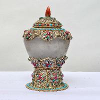 Nepali Handmade Crystal And Metal Siku Design Buddhist Urn [offering Vessel]