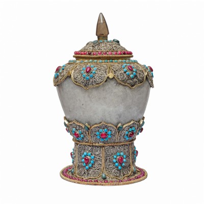Nepali Handmade Crystal And Metal Siku Design Buddhist Urn [offering Vessel]