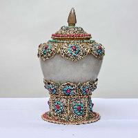 Nepali Handmade Crystal And Metal Siku Design Buddhist Urn [offering Vessel]