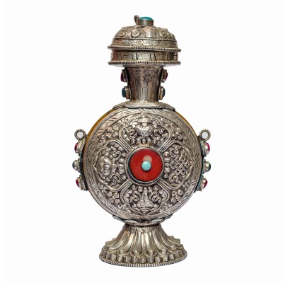 Copper Flower Snuff Bottle With And Jade Stone, Silver And Copper Plated With Stone Setting, [silver Carving]