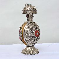 Copper Flower Snuff Bottle With And Jade Stone, Silver And Copper Plated With Stone Setting, [silver Carving]