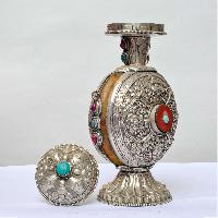 Copper Flower Snuff Bottle With And Jade Stone, Silver And Copper Plated With Stone Setting, [silver Carving]