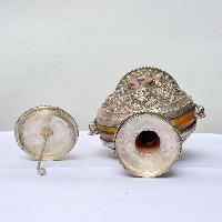 Copper Flower Snuff Bottle With And Jade Stone, Silver And Copper Plated With Stone Setting, [silver Carving]