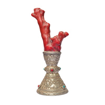 Red Coral Sculpture Stamp [tibetan Seal], [silver Plated], White Metal Stone Setting
