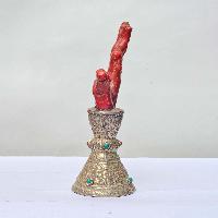 Red Coral Sculpture Stamp [tibetan Seal], [silver Plated], White Metal Stone Setting