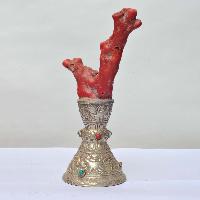 Red Coral Sculpture Stamp [tibetan Seal], [silver Plated], White Metal Stone Setting