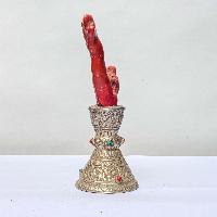 Red Coral Sculpture Stamp [tibetan Seal], [silver Plated], White Metal Stone Setting