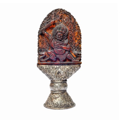 Buddhist Mahakala Two Arms Carved Stamp [tibetan Seal], [amber], [silver Plated],metal Stone Setting