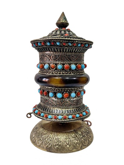 Table Prayer Wheel With Mantra Inside, [with Carved Mantra, Stone Setting]