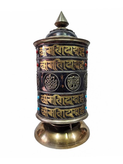 Table Prayer Wheel With Mantra Inside, [with Carved Mantra, Stone Setting], Ashtamangala