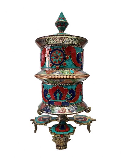 Table Prayer Wheel With Mantra Inside, [with Carved Mantra, Stone Setting]