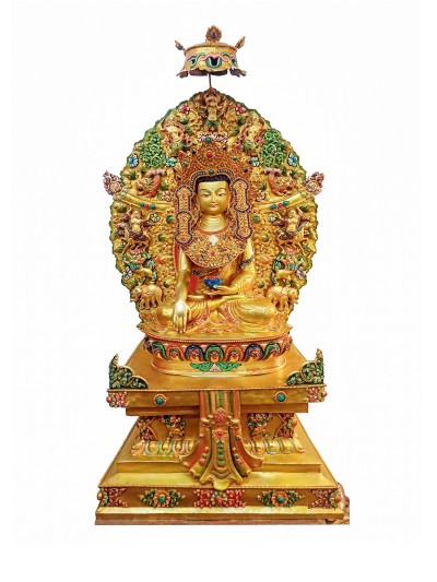 Buddhist Handmade Statue Of Shakyamuni Buddha On Throne, [full Fire Gold Plated], [face Painted], [stone Setting]