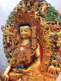 Buddhist Handmade Statue Of Shakyamuni Buddha On Throne, [full Fire Gold Plated], [face Painted], [stone Setting]