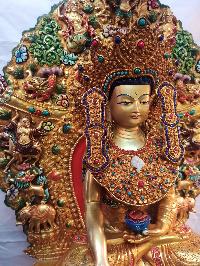 Buddhist Handmade Statue Of Shakyamuni Buddha On Throne, [full Fire Gold Plated], [face Painted], [stone Setting]