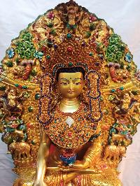 Buddhist Handmade Statue Of Shakyamuni Buddha On Throne, [full Fire Gold Plated], [face Painted], [stone Setting]