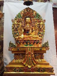 Buddhist Handmade Statue Of Shakyamuni Buddha On Throne, [full Fire Gold Plated], [face Painted], [stone Setting]