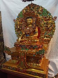 Buddhist Handmade Statue Of Shakyamuni Buddha On Throne, [full Fire Gold Plated], [face Painted], [stone Setting]