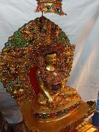 Buddhist Handmade Statue Of Shakyamuni Buddha On Throne, [full Fire Gold Plated], [face Painted], [stone Setting]