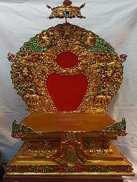 Buddhist Handmade Statue Of Shakyamuni Buddha On Throne, [full Fire Gold Plated], [face Painted], [stone Setting]