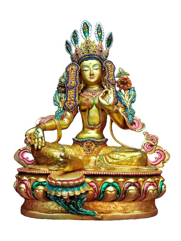 Buddhist Handmade Statue Of Green Tara, [full Fire Gold Plated], [face Painted], [stone Setting]