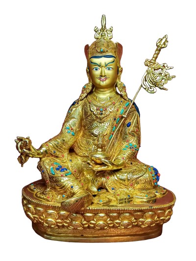Buddhist Handmade Statue Of Padmasambhava [guru Rinpoche], [full Fire Gold Plated], [face Painted], [stone Setting]
