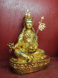 Buddhist Handmade Statue Of Padmasambhava [guru Rinpoche], [full Fire Gold Plated], [face Painted], [stone Setting]