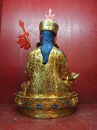 Buddhist Handmade Statue Of Padmasambhava [guru Rinpoche], [full Fire Gold Plated], [face Painted], [stone Setting]