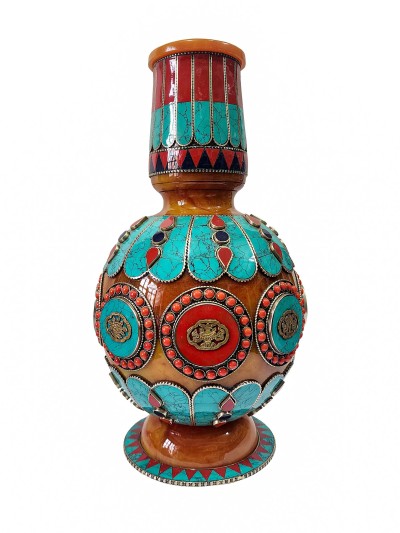 Tibetan Offering Vessel - Flowers With Stone Setting, Imitation Amber