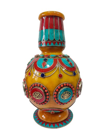 Tibetan Offering Vessel - Flowers With Stone Setting, Imitation Amber