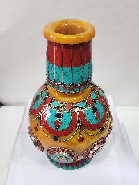 Tibetan Offering Vessel - Flowers With Stone Setting, Imitation Amber