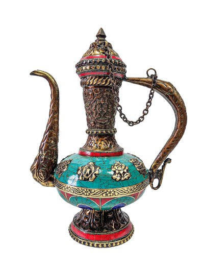 Tibetan Bhumpa- Bhumba Tea Pot, With Stone Setting, Ashtamangala