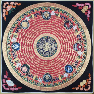 Buddhist Tibetan Thangka Of Mantra Mandala, [hand Painted], Ashtamangala