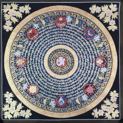 Buddhist Tibetan Thangka Of Mantra Mandala, [hand Painted], Ashtamangala