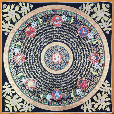 Buddhist Tibetan Thangka Of Mantra Mandala, [hand Painted], Ashtamangala