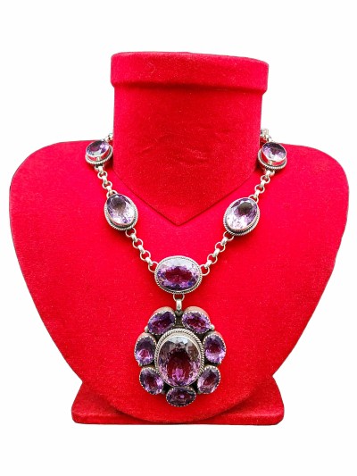 Designer Silver Necklace Stone With Purple Stone Setting, [amethyst]