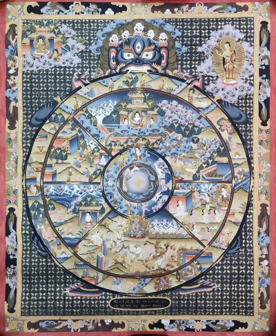 [art From Bhaktapur], Buddhist Handmade Thangka Of Wheel Of Life, [hand Painted], [antique], [real Gold]
